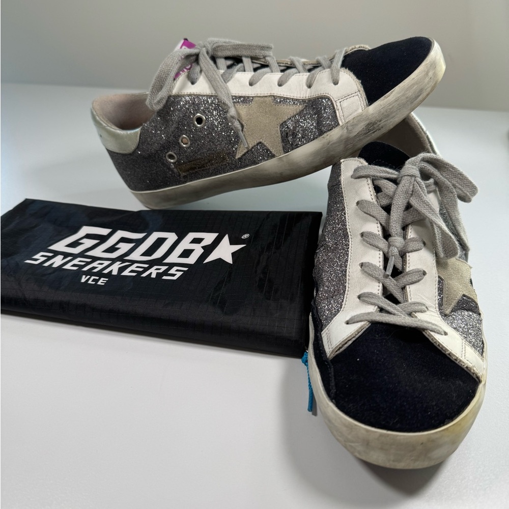 Golden Goose Super-star in Navy Suede with Silver Glitter and Suede Star Accents
